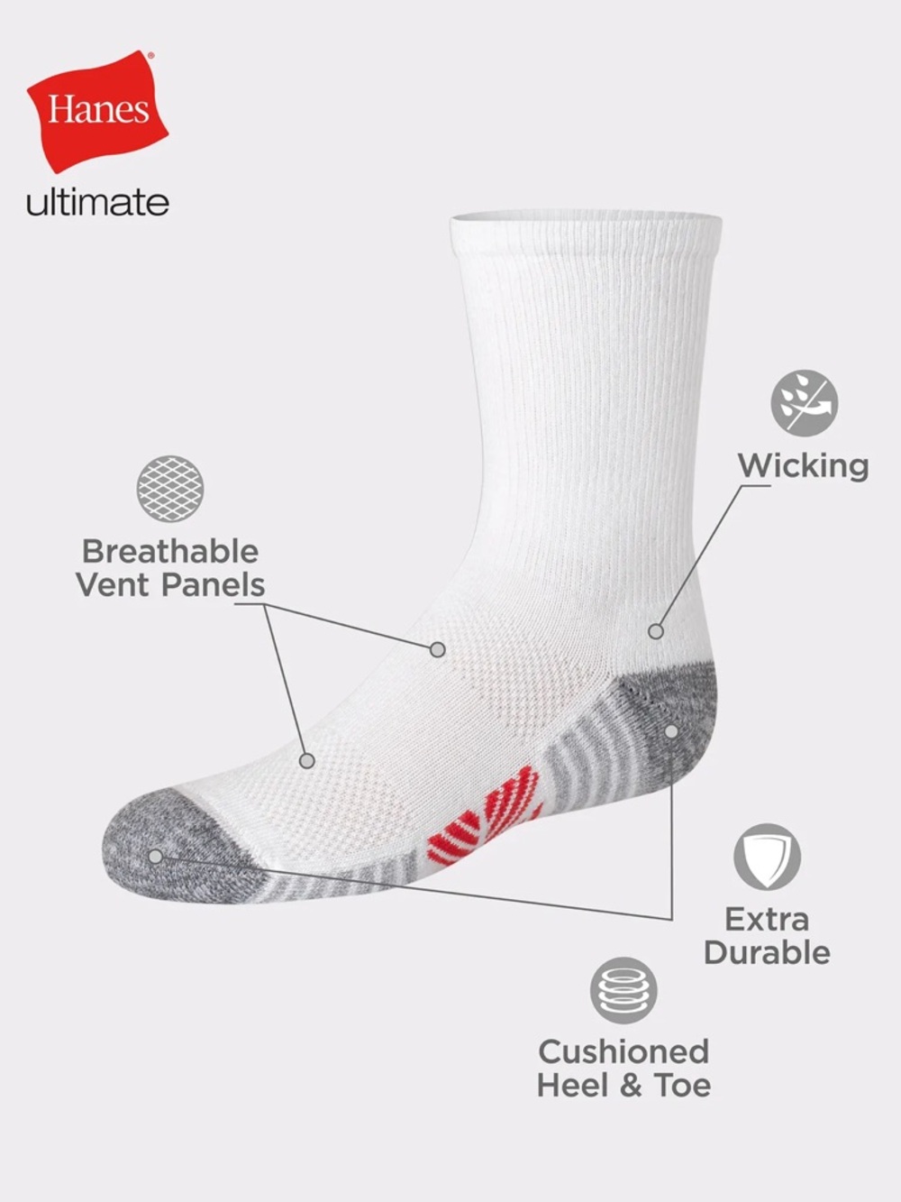 Hanes 10 pack White Crew Athletic Socks with Gray Reinforcement and Multicolor - Picture 2 of 4